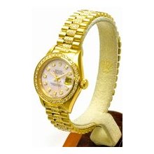 Rolex Ladies President Yellow Gold Certified Pre-Owned Pink MOP Diamond Dial/1.00ct Pave Set Diamond Bezel/2.00ct Diamond Bracelet