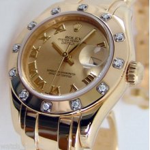 Rolex Lady Pearlmaster 29mm Champagne Roman 12 Diamond 80318 Watch Chest