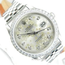 Rolex Men Datejust 16234 With 18k White Gold Diamond Bezel And White Flower Dial