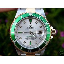 Rolex Mens 16613 Submariner 18k Stainless Steel 2tone Green Bezel Diamond Dial