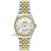 Rolex Mens Watch Ss & Gold Datejust 16013 Mop Roman Dial & 1ct Diamond Bezel