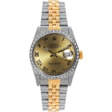 Rolex Women's Datejust Midsize Two Tone Custom Diamond Bezel Champagne Roman Dial