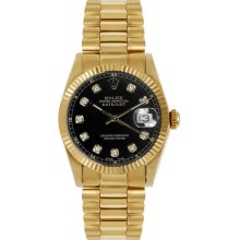 Rolex Women's President Midsize Fluted Black Diamond Dial