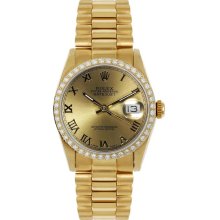 Rolex Women's President Midsize Custom Diamond Bezel Champagne Roman Dial