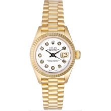 Rolex Women's President Yellow Gold Fluted Custom White Diamond Dial