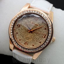 Round Dial Crystal Leather Quartz Analog Lady Girl Wrist Watch Women's Gift