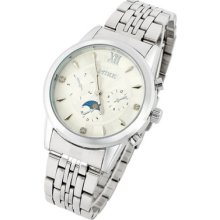 Round White Multi-dials Roman Numerals Stainless Steel Quiet Sober Men's Watch