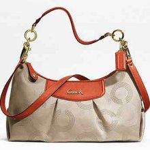 Sale-coach Ashley Dotted Op Art Conertible Hobo In Khaki/vermillion F20031