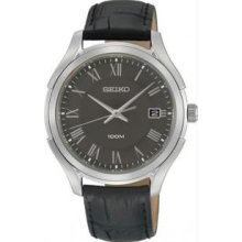 Seiko SGEF73 Mens Stainless Steel Case Gray Dial Black Leather Strap Date Display