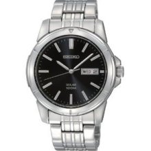 Seiko Silver Solar Black Dial Mens Watch Sne093