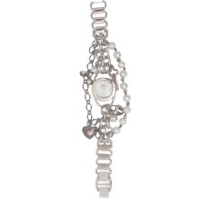 Silver Wrap Around Style Bracelet Watch w/ Dangling Chains, Charms & Pearls