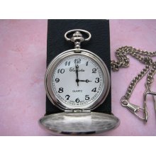 Silvertone Quartz Pocket Watch - Hand Engraved