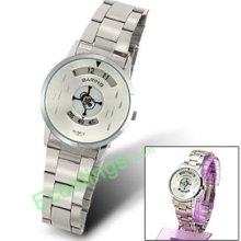 Silvery Dial Skull Pattern Second Hand Lady's Metal Band Quartz Watch