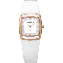 Skagen Denmark 855srlw White Leather & Mother-of-pearl Inlay Womens Watch