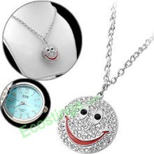 Smile Face Design Rhinestone Girls' Necklace Watch Green Dial