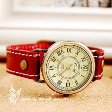 Solid Wild Leather Strap Simple Retro Dial Quartz Women's Watch Green