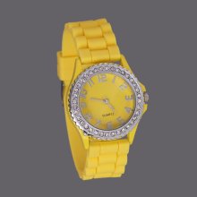 Sparkling Rhinestone Inlaid Digital Wrist Watch Silicone Band - Yellow