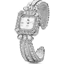 Square Case Mother-Of-Pearl Dial Multicut Crystal Hinged Cuff Watch