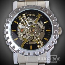 Stainless Luxury Fashion Men Boy Skeleton Hollow Mechanical Dress Wrist Watch