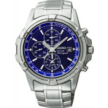 Stainless Steel Case and Bracelet Blue Tone Dial Date Display Solar Alarm Chrono