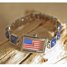 Stainless Steel Women's Patriotic Flag Stone Inlay Watch (China) (Stainless Steel Flag watch with mother of pearl)