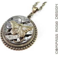 Steampunk Necklace - Clockwork Butterfly - Upcycled Watch Movement Jewelry - Brass