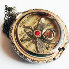 Steampunk Necklace in a Pocket Watch Casing, Genuine Vintage Watch Parts, Clockwork Bumblebee and Fine Epoxy Resin