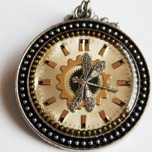 Steampunk Necklace - with Genuine Vintage Watch Parts, Watch Dial, Silvered Brass Dragonfly and Fine Epoxy Resin