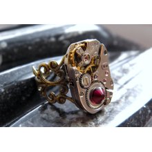 Steampunk Ring - Vintage Watch Movement, Antique Bronze Style - Dark Red