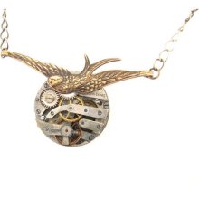 Steamunk Necklace - Flying trough Time - Brass Bird Swiss Circa Late 1890 Watch Movement -