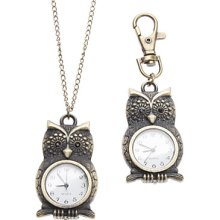 Style Unisex Owl Alloy Analog Quartz Keychain Necklace Watch (Bronze)