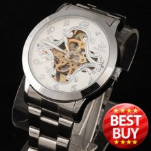 Stylish Auto Mechanical Men Boy Wrist Watch Silver Alloy White Face Analog Clock