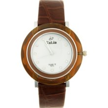 Stylish Round Dial Crystal Display Soft Leather Band Wrist Watch - Brown - Metal