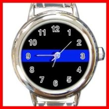 Thin Blue Line Police Officer Round Italian Charm Wrist Watch 673