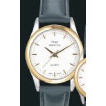 Time America Men`s White Dial Watch W/ Black Leather Strap & Gold Markers