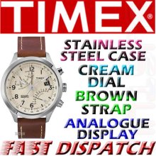 Timex Iq Fly-back Chronograph Cream Dial & Ss Case With Brown Strap T2n932 Watch