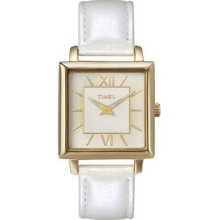 Timex Womens Square Gold Tone Case White Leather Strap Watch T2m874