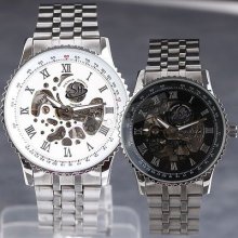 Top Sale Fashion Casual Skeleton Roman Mechanical Silver Alloy Men Wrist Watch