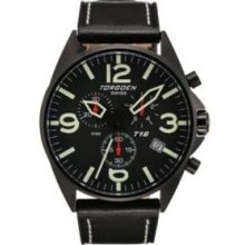 Torgoen Swiss T16101 Men's 45Mm Aviation Watch With Chronograph, Black Ip Case, Black Dial And Black Italian Leather Strap