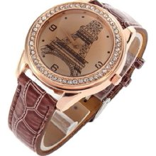 Tower Pattern Crystal Leather Band Quartz Wrist Watch Round For Women S9