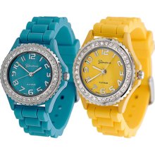 Tressa Set of 2 Womens Rhinestone Silicone Watches - Turquoise/Yellow Multi 9