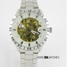 U3 Men Transparent Mechanical Skeleton Stainless Steel Wrist Watch