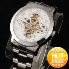 Unique Skeleton Cross Dial Men Auto Mechanical Analog Wrist Watch Stainless Band