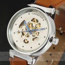 Unique Special Skeleton Automatic Mechanical Leather Analog Men's Wrist Watch