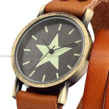Unisex Star Orange Leather Strap Lady Mens Analog Quartz Watch Bracelet Bangle
