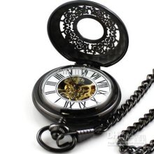 Vegan Black Skeleton Antique Mechanical Pocket Watch Freeship