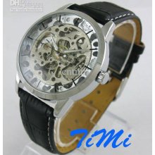 Vegan Skull Mens Auto Mechanical Skeleton Black Leather Watch