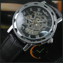 Vintage Automatic Self-winding Mechanical Skeleton Black Leather Men Watch