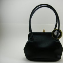 Vintage Black Satin, La Regale Handbag / Strap Clutch