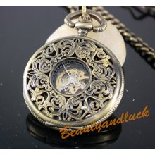 Vintage Engraved Brass Steampunk Skeleton Mechanical Pocket Watch Chain